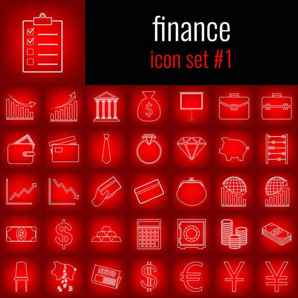 Finanzas. Conjunto de iconos 1. Icono de línea blanca en el fondo del gradiente rojo . — Vector de stock