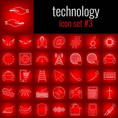 Teknoloji. Simge seti 3. Beyaz çizgi simgesi üzerinde kırmızı degrade backgrpund.