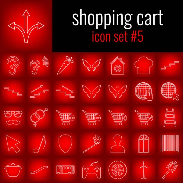Alışveriş sepeti. 5 simge seti. Beyaz çizgi simgesi üzerinde kırmızı degrade backgrpund.
