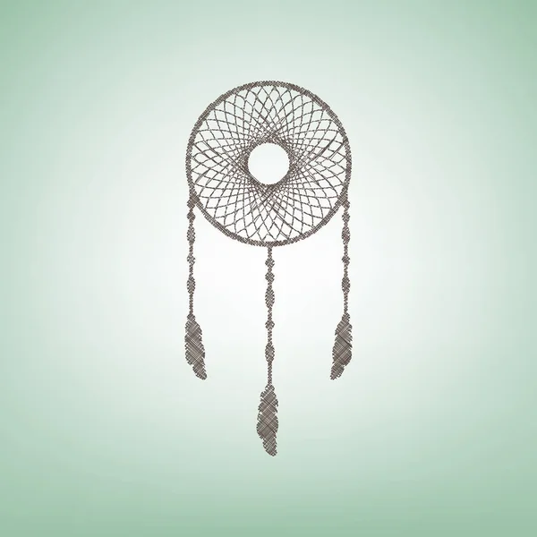 Dream catcher teken. Vector. Bruin vlas pictogram op groene achtergrond met lichte plek in het midden. — Stockvector