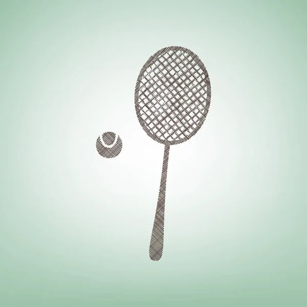 Tennis racquet with ball sign. Vector. Brown flax icon on green background with light spot at the center. — Stock Vector