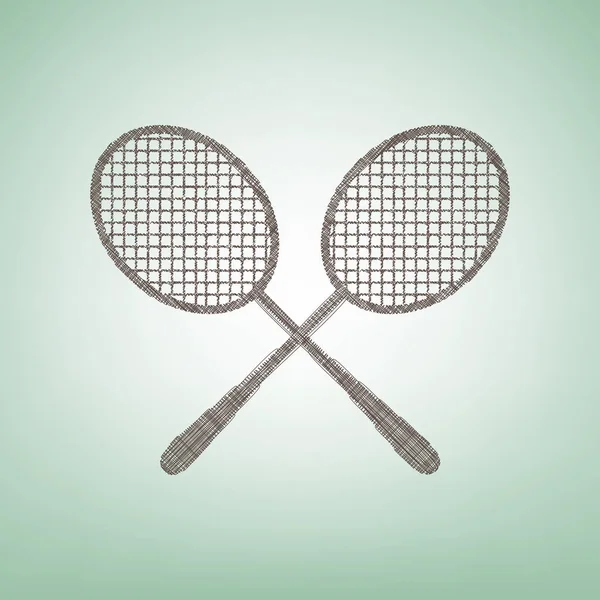 Zwei Schilder mit Tennisschlägern. Vektor. braunes Flachssymbol auf grünem Hintergrund mit hellem Fleck in der Mitte. — Stockvektor