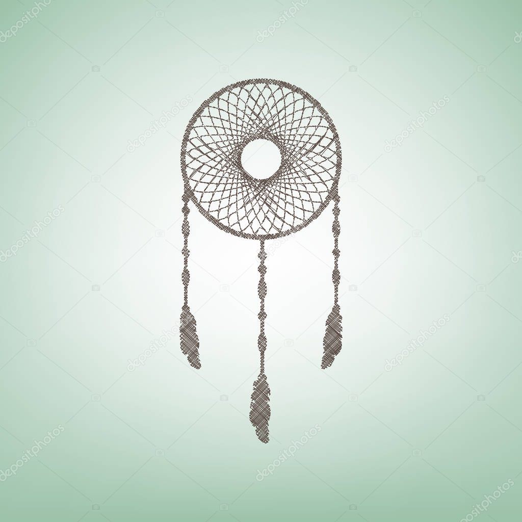 Dream catcher sign. Vector. Brown flax icon on green background with light spot at the center.