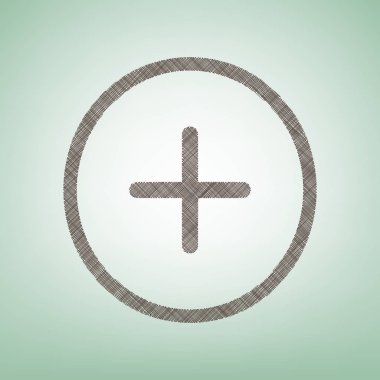 Pozitif sembol artı işareti. Vektör. Işık spot Merkezi yeşil zemin üzerine kahverengi keten simgesi.