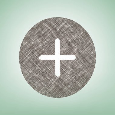 Pozitif sembol artı işareti. Vektör. Işık spot Merkezi yeşil zemin üzerine kahverengi keten simgesi.