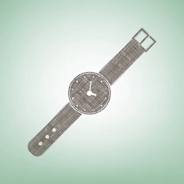 Signo de reloj ilustración. Vector. Icono de lino marrón sobre fondo verde con punto de luz en el centro . — Archivo Imágenes Vectoriales