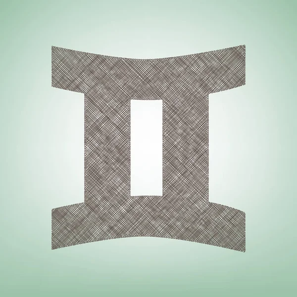 Gemini sign. Vector. Brown flax icon on green background with light spot at the center. — Stock Vector