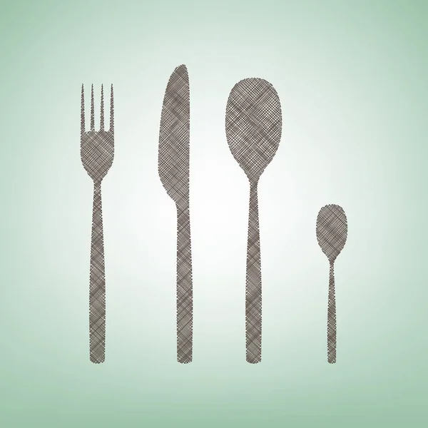 Cuillère à fourchette et panneau de couteau. Vecteur. Icône de lin brun sur fond vert avec tache lumineuse au centre . — Image vectorielle