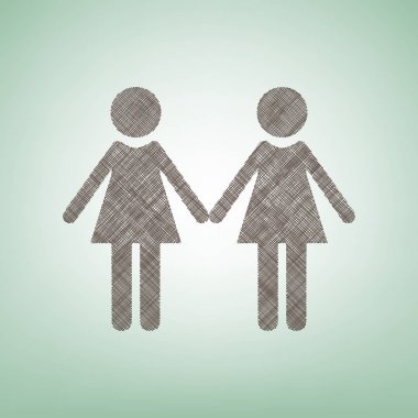 Lezbiyen aile işareti. Vektör. Işık spot Merkezi yeşil zemin üzerine kahverengi keten simgesi.