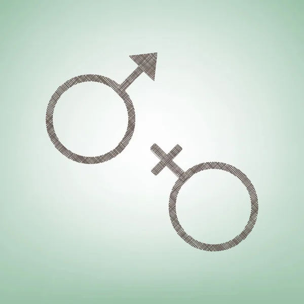 Sex symbol sign. Vector. Brown flax icon on green background with light spot at the center. — Stock Vector
