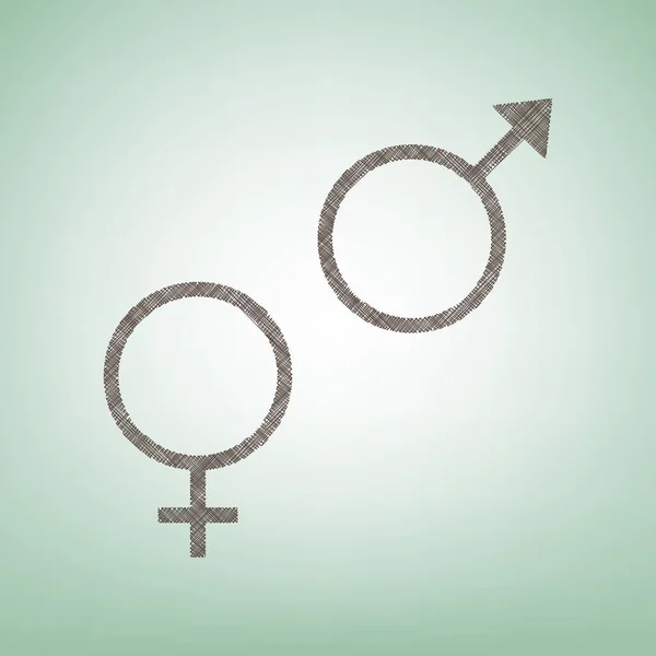 Σημάδι σύμβολο του σεξ. Διάνυσμα. Καφέ λίνου εικονίδιο σε πράσινο φόντο με ελαφρύ σημείο στο κέντρο. — Διανυσματικό Αρχείο