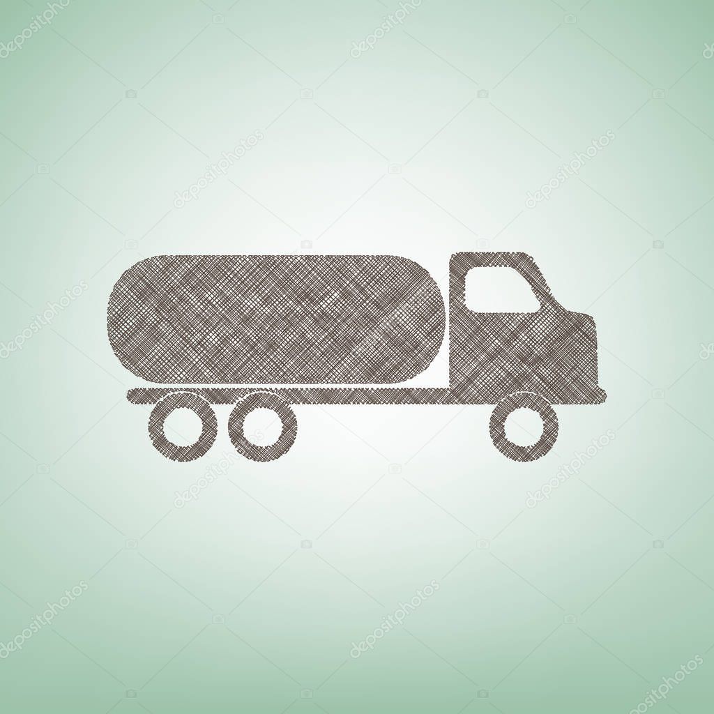 Car transports sign. Vector. Brown flax icon on green background with light spot at the center.