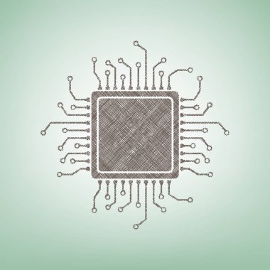 CPU mikroişlemci illüstrasyon. Vektör. Işık spot Merkezi yeşil zemin üzerine kahverengi keten simgesi.