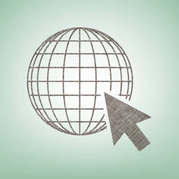 Globo da Terra com cursor. Vector. Ícone de linho marrom no fundo verde com ponto de luz no centro . —  Vetores de Stock