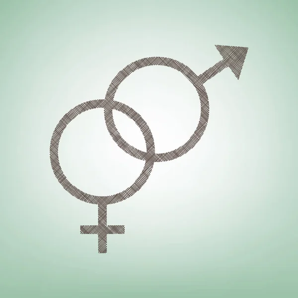Σημάδι σύμβολο του σεξ. Διάνυσμα. Καφέ λίνου εικονίδιο σε πράσινο φόντο με ελαφρύ σημείο στο κέντρο. — Διανυσματικό Αρχείο