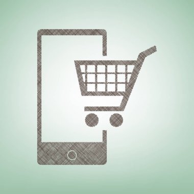 Akıllı telefon tabelada alışveriş. Vektör. Işık spot Merkezi yeşil zemin üzerine kahverengi keten simgesi.