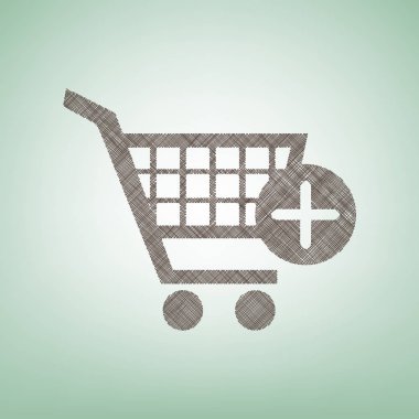 Ekleme işareti işareti ile alışveriş sepeti. Vektör. Işık spot Merkezi yeşil zemin üzerine kahverengi keten simgesi.