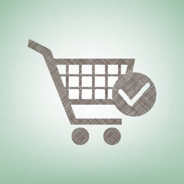 Onay işareti işareti ile alışveriş sepeti. Vektör. Işık spot Merkezi yeşil zemin üzerine kahverengi keten simgesi.