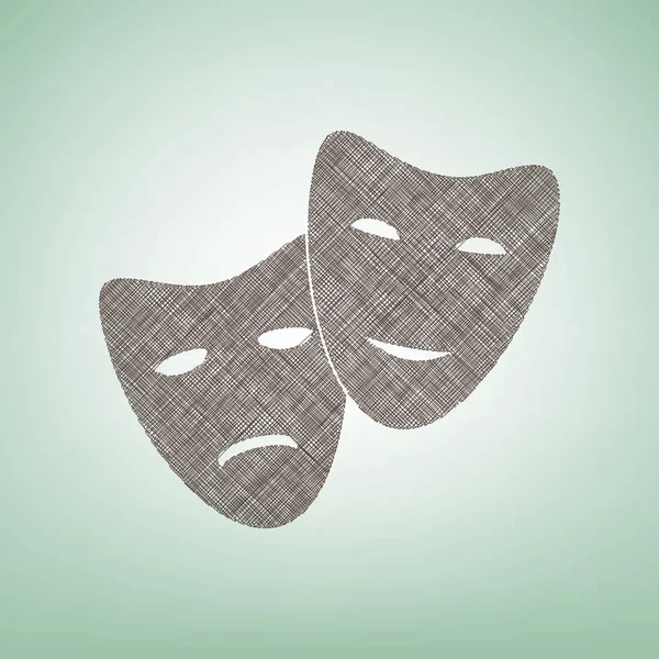 Theaterikone mit glücklichen und traurigen Masken. Vektor. braunes Flachssymbol auf grünem Hintergrund mit hellem Fleck in der Mitte. — Stockvektor