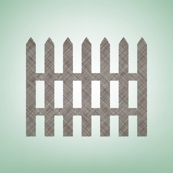 Fence simple sign. Vector. Brown flax icon on green background with light spot at the center.