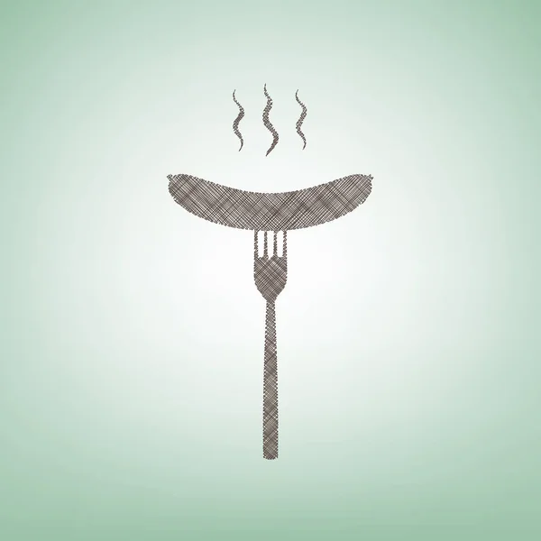 Saucisse à la fourchette. Vecteur. Icône de lin brun sur fond vert avec tache lumineuse au centre . — Image vectorielle