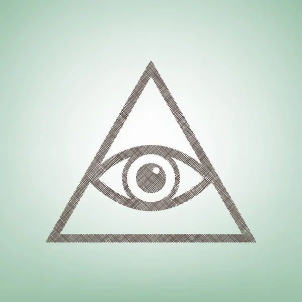 Tous voyant le symbole de la pyramide des yeux. Franc-maçon et spirituel. Vecteur. Icône de lin brun sur fond vert avec tache lumineuse au centre . — Image vectorielle