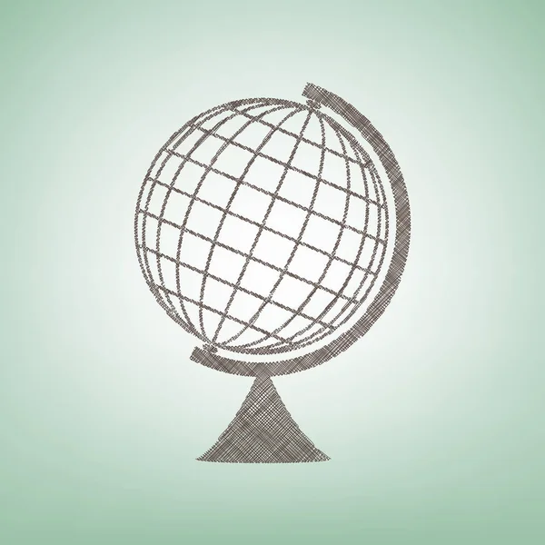 Segno del globo terrestre. Vettore. Icona in lino marrone su sfondo verde con punto luce al centro . — Vettoriale Stock