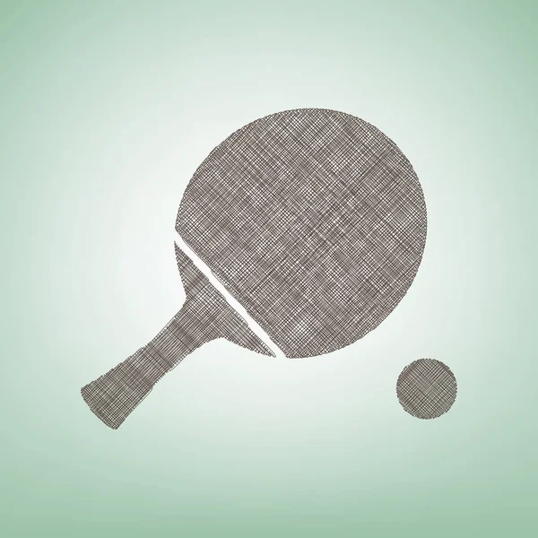 Paleta de ping pong con pelota. Vector. Icono de lino marrón sobre fondo verde con punto de luz en el centro . — Vector de stock