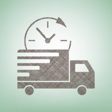 Teslimat işareti illüstrasyon. Vektör. Işık spot Merkezi yeşil zemin üzerine kahverengi keten simgesi.