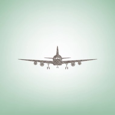 Uçan uçak işareti. Önden Görünüm. Vektör. Işık spot Merkezi yeşil zemin üzerine kahverengi keten simgesi.