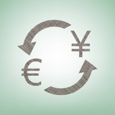 Döviz Alım Satım işareti. Avrupa ve Japonya Yen. Vektör. Işık spot Merkezi yeşil zemin üzerine kahverengi keten simgesi.