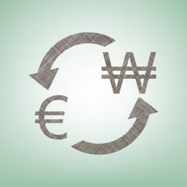 Döviz Alım Satım işareti. Avrupa ve Güney Kore Wonu. Vektör. Işık spot Merkezi yeşil zemin üzerine kahverengi keten simgesi.