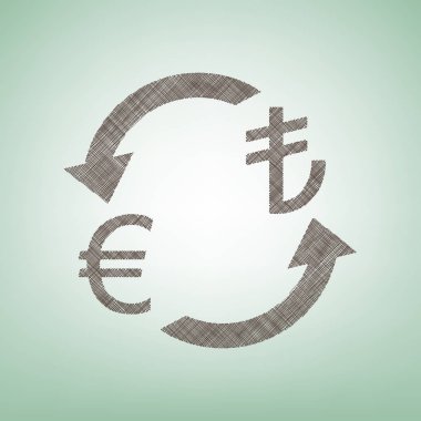 Döviz Alım Satım işareti. Euro ve Türkiye Lirası. Vektör. Işık spot Merkezi yeşil zemin üzerine kahverengi keten simgesi.