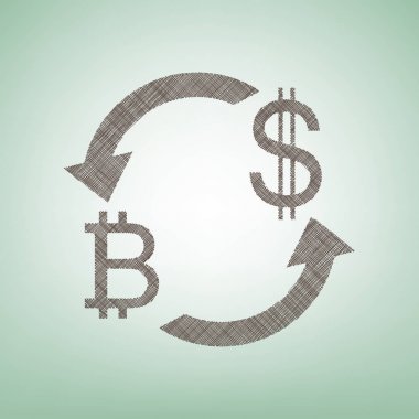 Döviz Alım Satım işareti. Bitcoin ve ABD Doları. Vektör. Işık spot Merkezi yeşil zemin üzerine kahverengi keten simgesi.