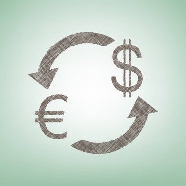 Döviz Alım Satım işareti. Euro ve ABD Doları. Vektör. Işık spot Merkezi yeşil zemin üzerine kahverengi keten simgesi.