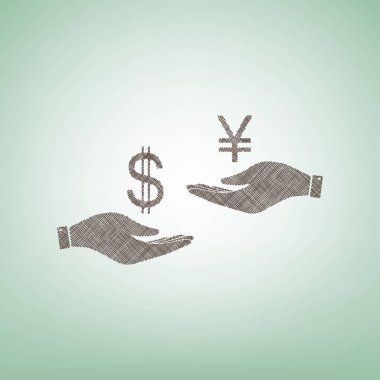 El el üzerinden Döviz Alım Satım. Dolar ve Yen. Vektör. Işık spot Merkezi yeşil zemin üzerine kahverengi keten simgesi.