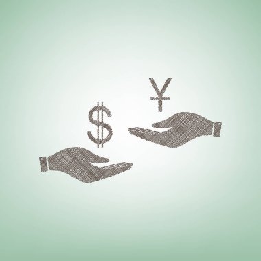 El el üzerinden Döviz Alım Satım. Dolar ve Yuan. Vektör. Işık spot Merkezi yeşil zemin üzerine kahverengi keten simgesi.