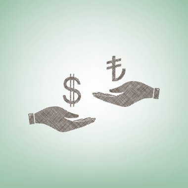 El el üzerinden Döviz Alım Satım. Dolar ve Türkiye Lirası. Vektör. Işık spot Merkezi yeşil zemin üzerine kahverengi keten simgesi.