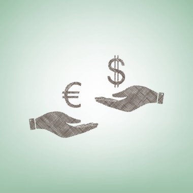 El el üzerinden Döviz Alım Satım. Euro ve dolar. Vektör. Işık spot Merkezi yeşil zemin üzerine kahverengi keten simgesi.