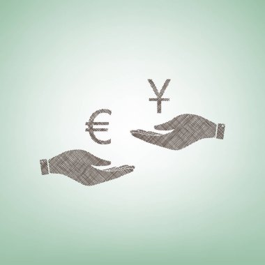 El el üzerinden Döviz Alım Satım. Euro ve Yuan. Vektör. Işık spot Merkezi yeşil zemin üzerine kahverengi keten simgesi.