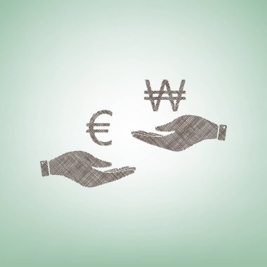 El el üzerinden Döviz Alım Satım. Euro ve kazandı. Vektör. Işık spot Merkezi yeşil zemin üzerine kahverengi keten simgesi.