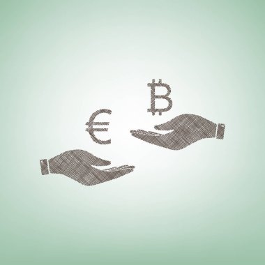 El el üzerinden Döviz Alım Satım. Euro Bitcoin bir. Vektör. Işık spot Merkezi yeşil zemin üzerine kahverengi keten simgesi.