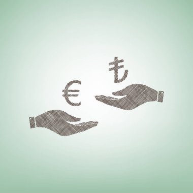 El el üzerinden Döviz Alım Satım. Euro ve Lirası. Vektör. Işık spot Merkezi yeşil zemin üzerine kahverengi keten simgesi.