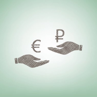 El el üzerinden Döviz Alım Satım. Euro ve Rublesi. Vektör. Işık spot Merkezi yeşil zemin üzerine kahverengi keten simgesi.