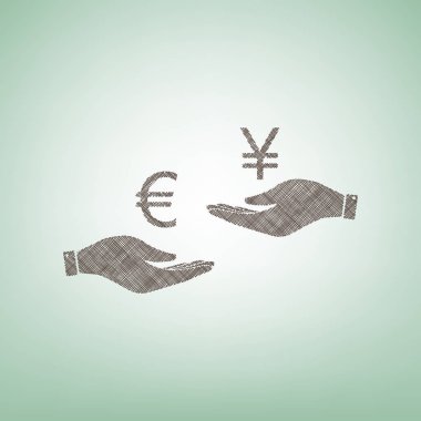 El el üzerinden Döviz Alım Satım. Euro ve Yen. Vektör. Işık spot Merkezi yeşil zemin üzerine kahverengi keten simgesi.