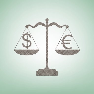 Adalet Döviz Alım Satım işaretiyle ölçekler. Vektör. Işık spot Merkezi yeşil zemin üzerine kahverengi keten simgesi.