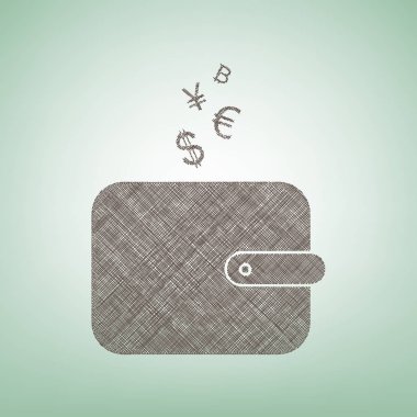 M-cüzdan para birimi simgelerini işaretiyle. Vektör. Işık spot Merkezi yeşil zemin üzerine kahverengi keten simgesi.