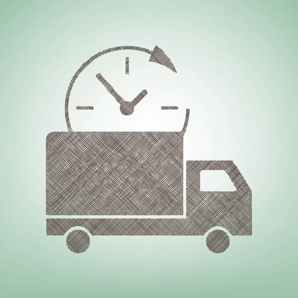 Teslimat işareti illüstrasyon. Vektör. Işık spot Merkezi yeşil zemin üzerine kahverengi keten simgesi.