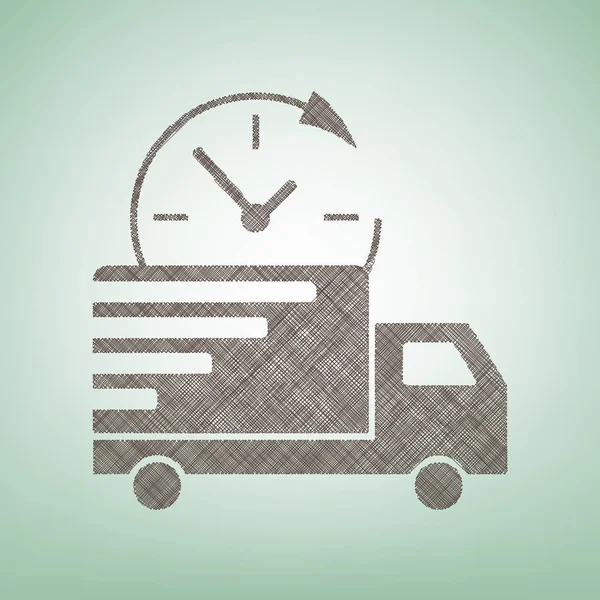 Teslimat işareti illüstrasyon. Vektör. Işık spot Merkezi yeşil zemin üzerine kahverengi keten simgesi.