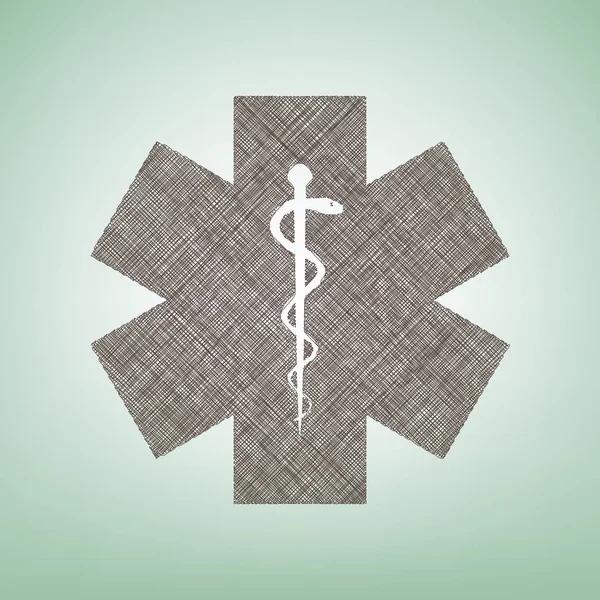 Símbolo médico da Emergência ou Estrela da Vida. Vector. Ícone de linho marrom no fundo verde com ponto de luz no centro . — Vetor de Stock